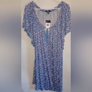 Chaps Womens 2x Soft Blue Floral Flutter Sleeves Flowy Top New With Tag